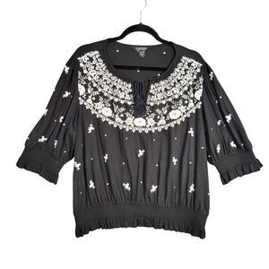 LAUREN RALPH LAUREN Black White Embroidered Boho Smocked Peasant Top SIZE XL